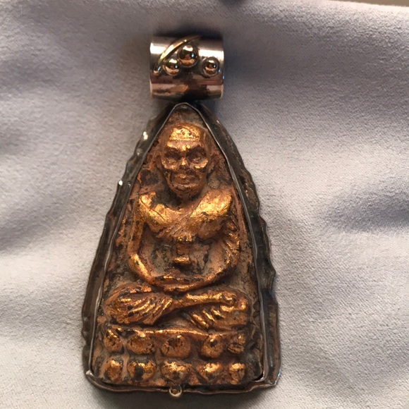 Carved Stone Buddha in silver and gold pendant ✨